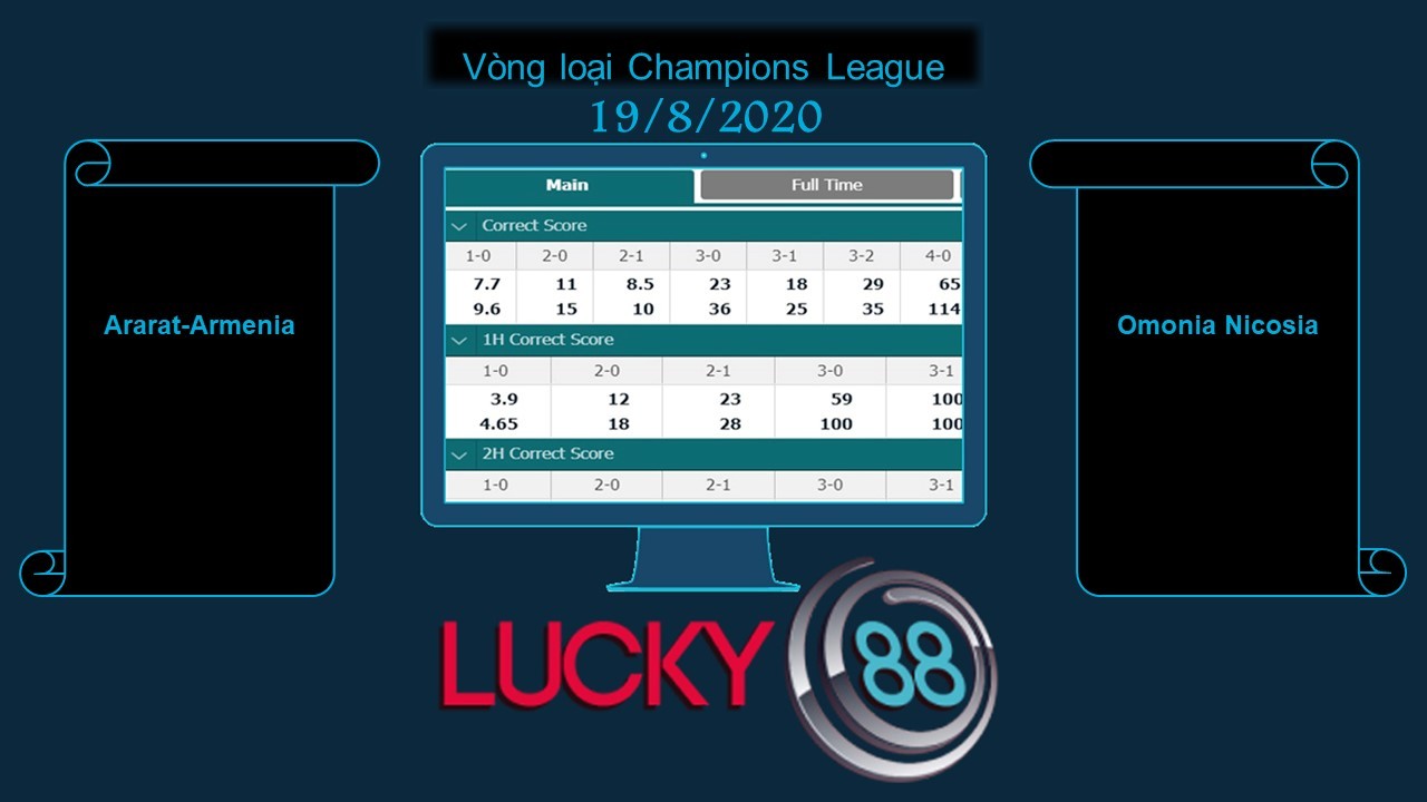 LUCKY88 Ararat-Armenia vs Omonia Nicosia, Soi kèo bóng đá hôm nay 19/08/2020, Vòng sơ loại Champions League