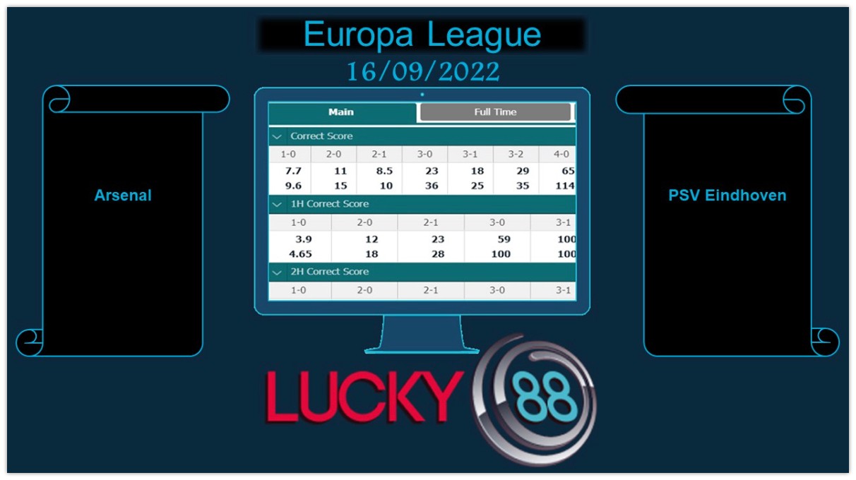 LUCKY88 Arsenal vs PSV Eindhoven, Soi kèo bóng đá hôm nay 16/09/2022, Europa League