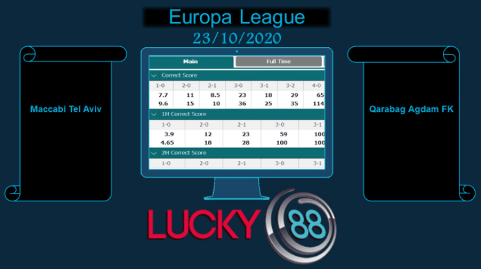 LUCKY88 Maccabi Tel Aviv vs Qarabag Agdam FK  , Soi kèo bóng đá hôm nay 23/10/2020, Europa League